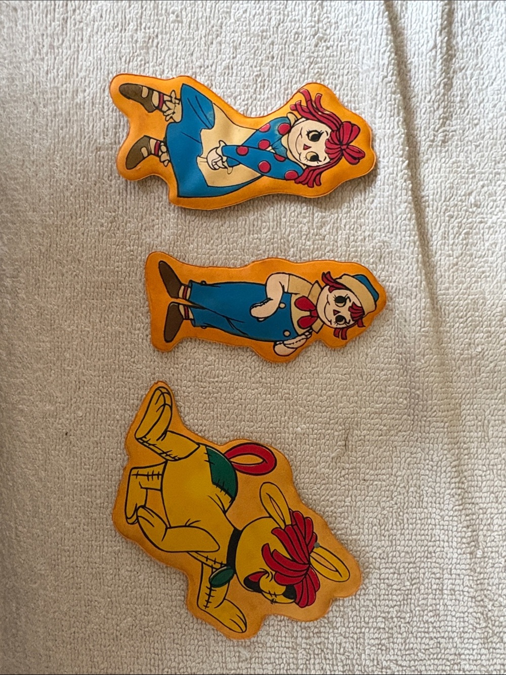 Raggedy Ann & Andy and dog Arthur 1978 puffy magnet Characters Set